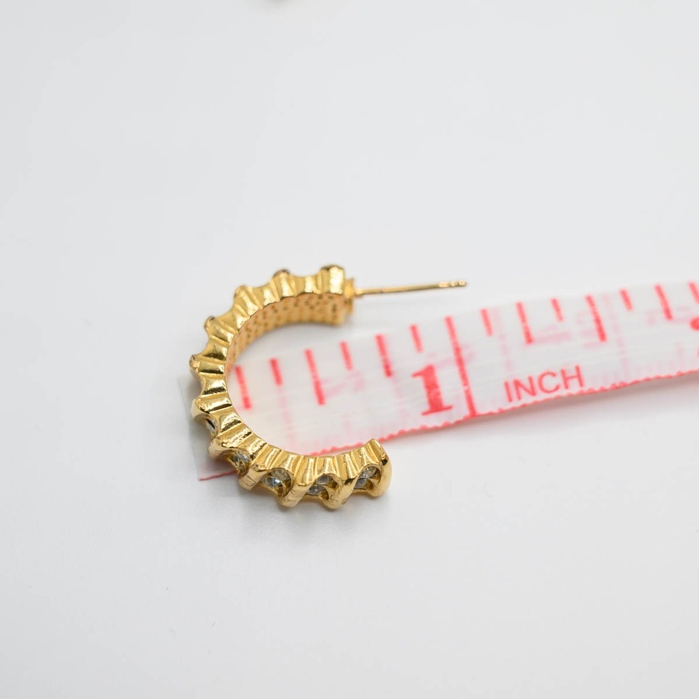 Hoop Earrings Gold Rhinestone Ribbed C-Hoop - Picture 4 of 5